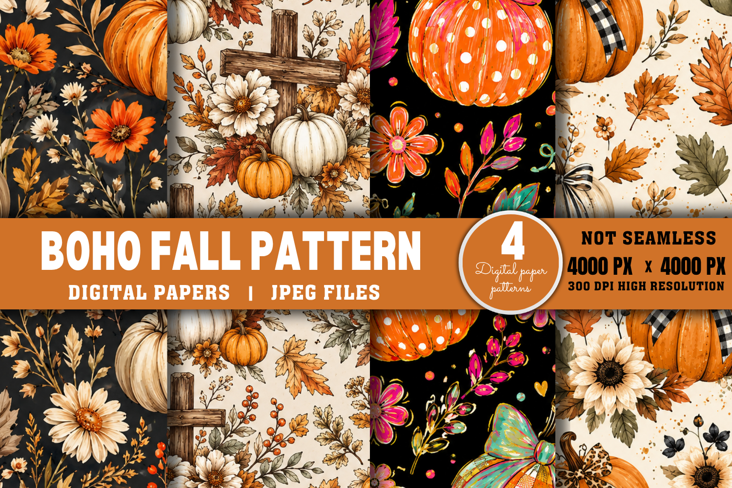 Autumn Digital Paper, Boho Fall Pattern