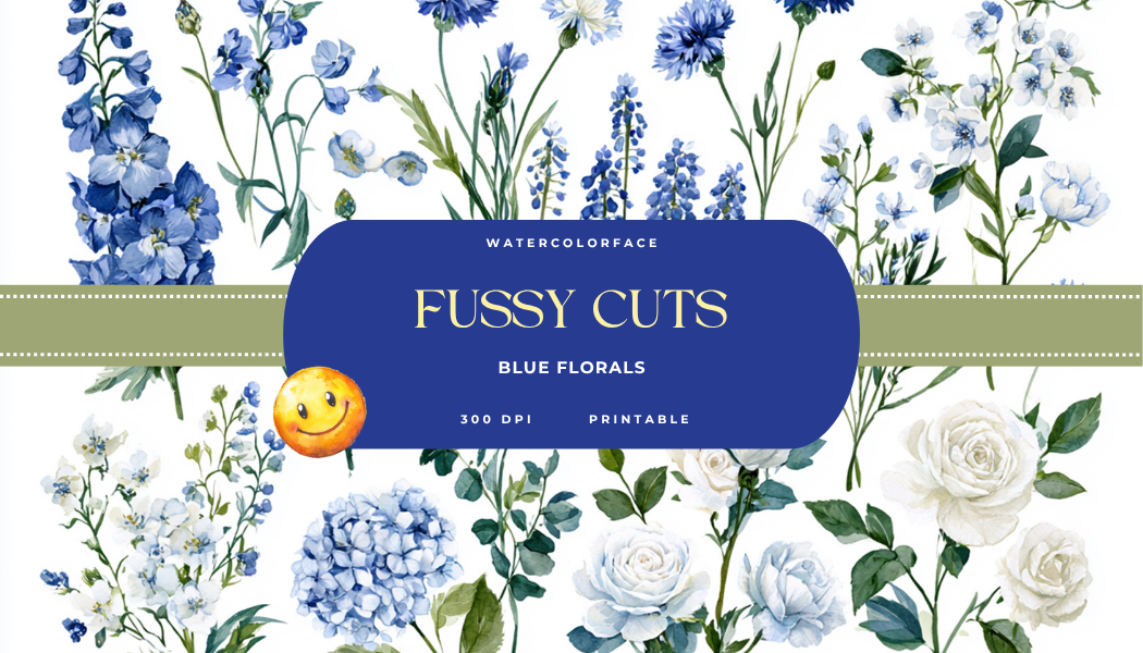 Blue Floral Bridal Watercolor Fussy Cuts