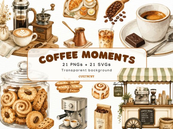 Coffee Watercolor Cliparts, Coffee Shop