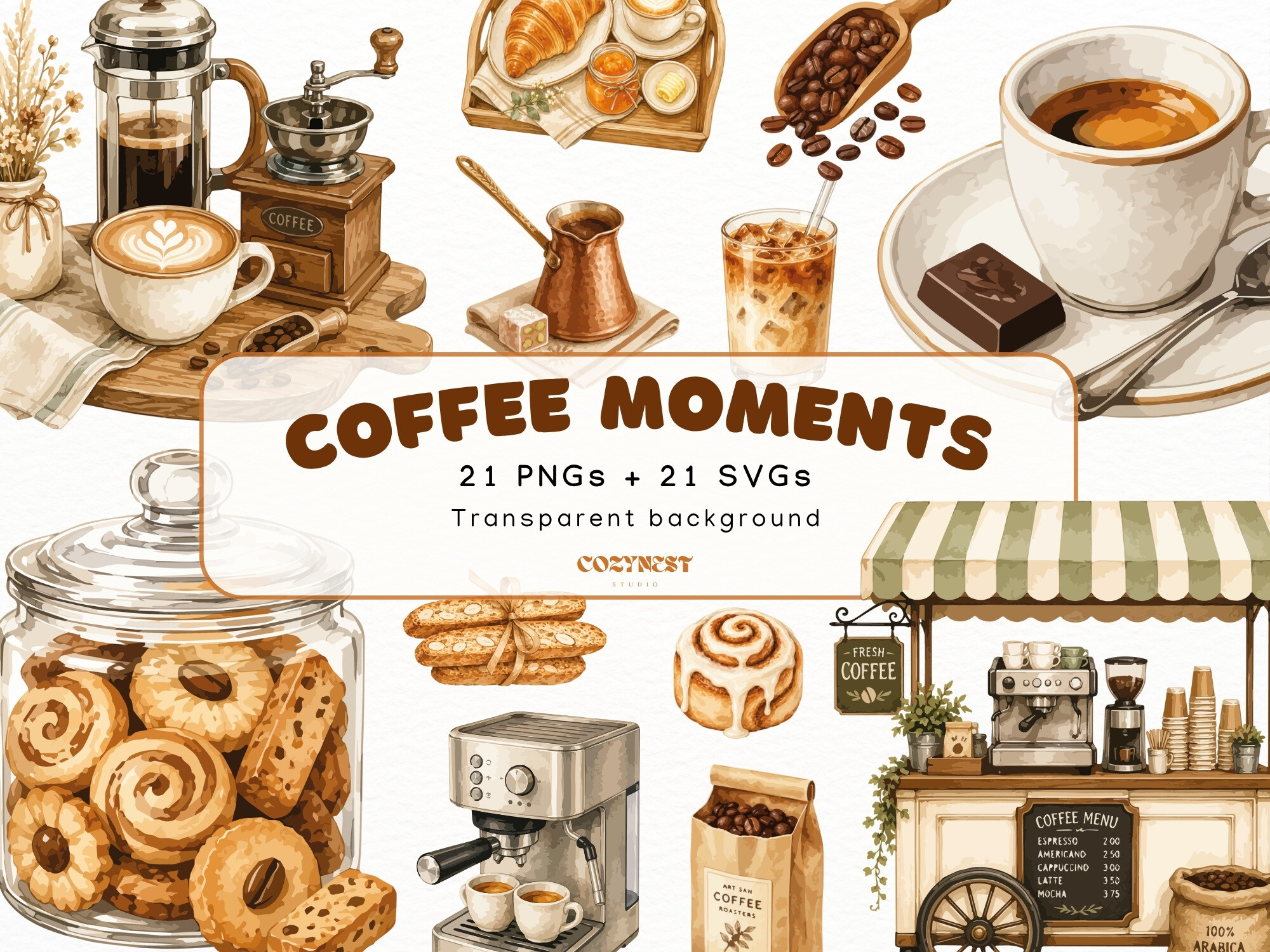Coffee Watercolor Cliparts, Coffee Shop