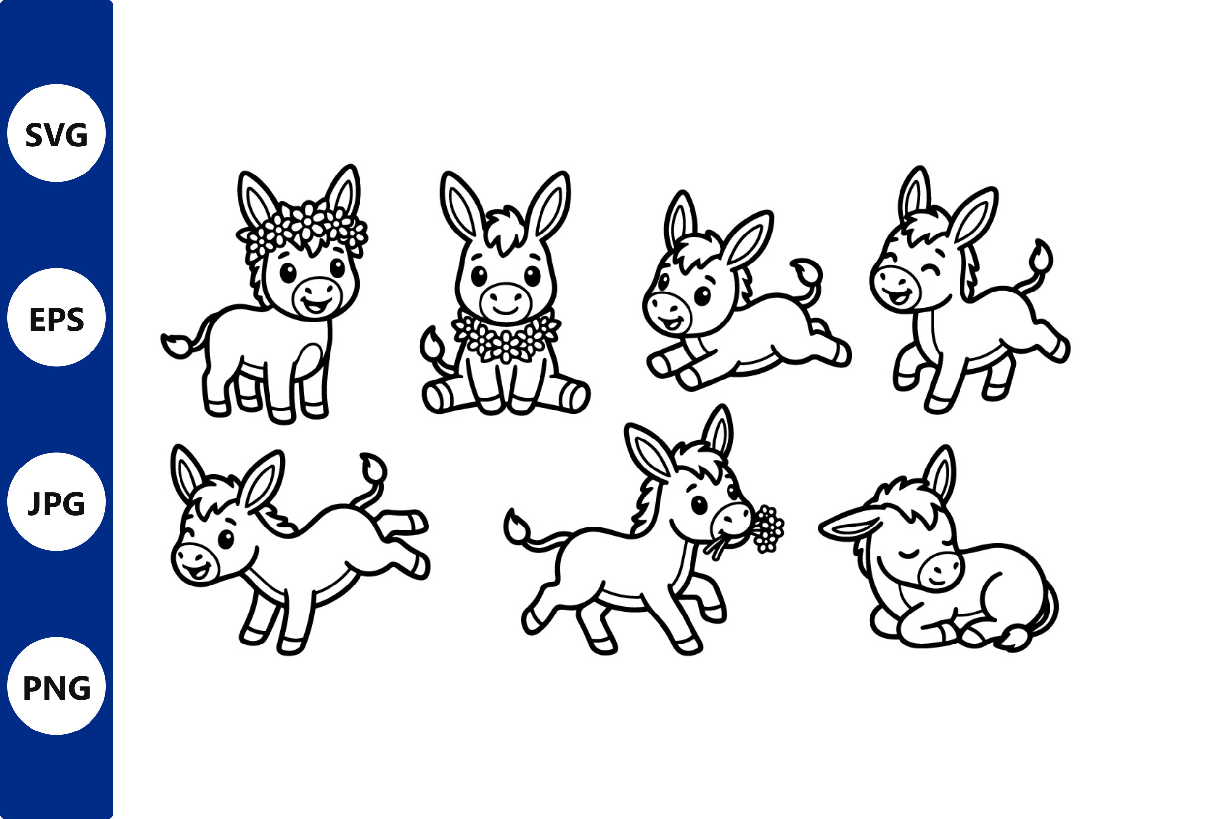 Donkey Line Art Set with Flowers and
