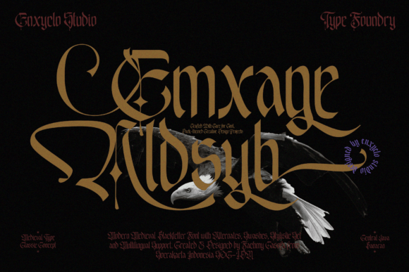 Preview specimen of Emxage Aldsyb blackletter font