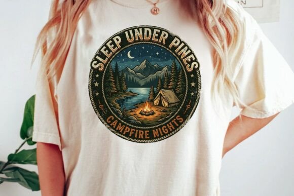 Vintage Camping Lake Night Campfire