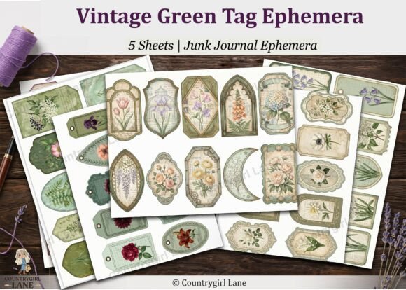 Vintage Green Tag Ephemera Junk Journal