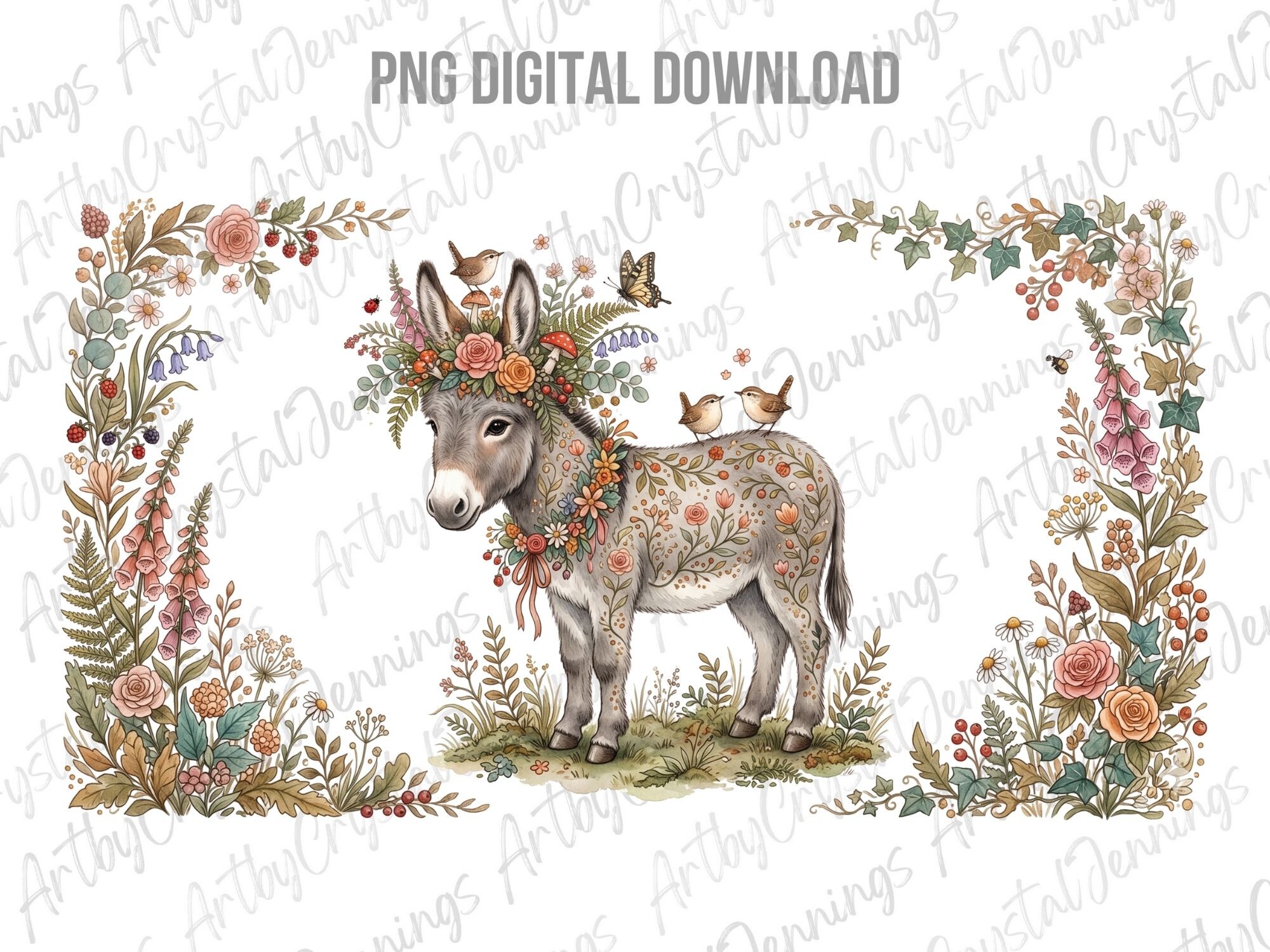 Watercolor Floral Donkey Clipart PNG Graphic by ArtbyCrystalJennings ...