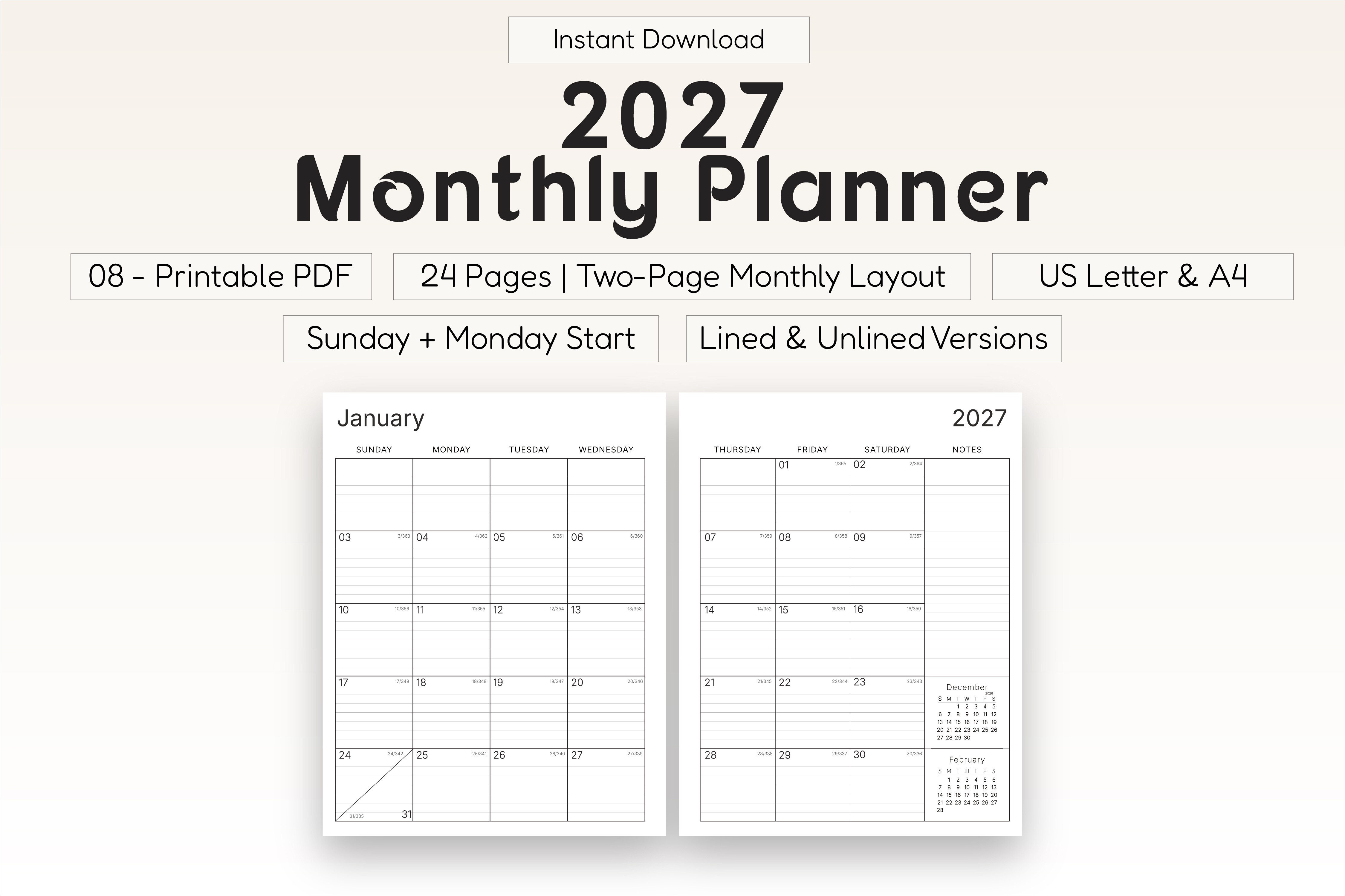 2027 Monthly Planner Printable PDF