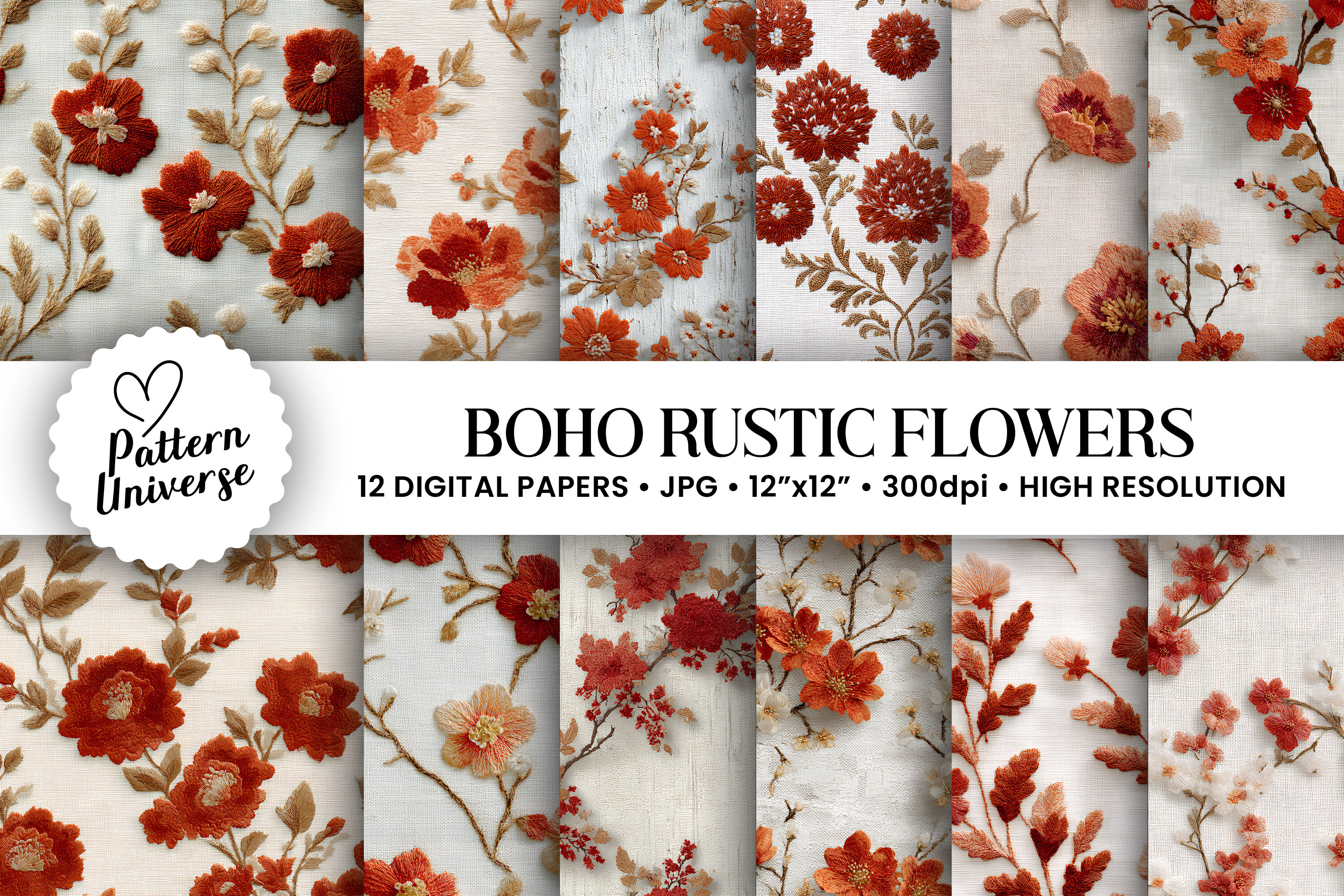 Boho Rustic Flowers Digital Papers Graphic by Pattern Universe ...