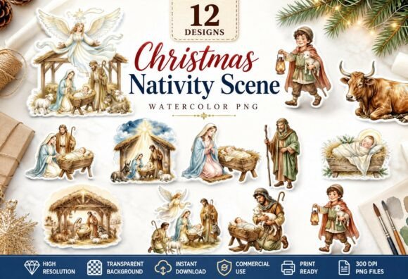 Watercolor Christmas Nativity PNG
