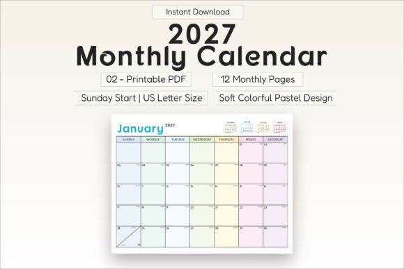 2027 Monthly Calendar Printable Graphic Print Templates By Mol Tazime
