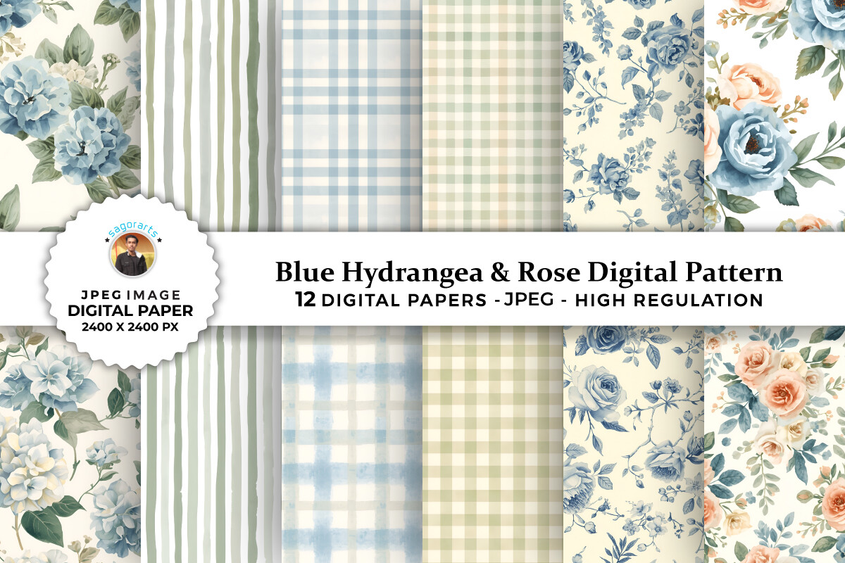 Blue Hydrangea & Rose Digital Patterns Graphic by sagorarts · Creative ...