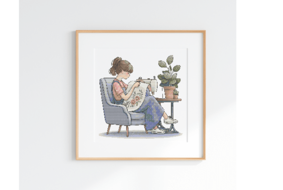 Cute Crafty Woman Sewing Cross Stitch