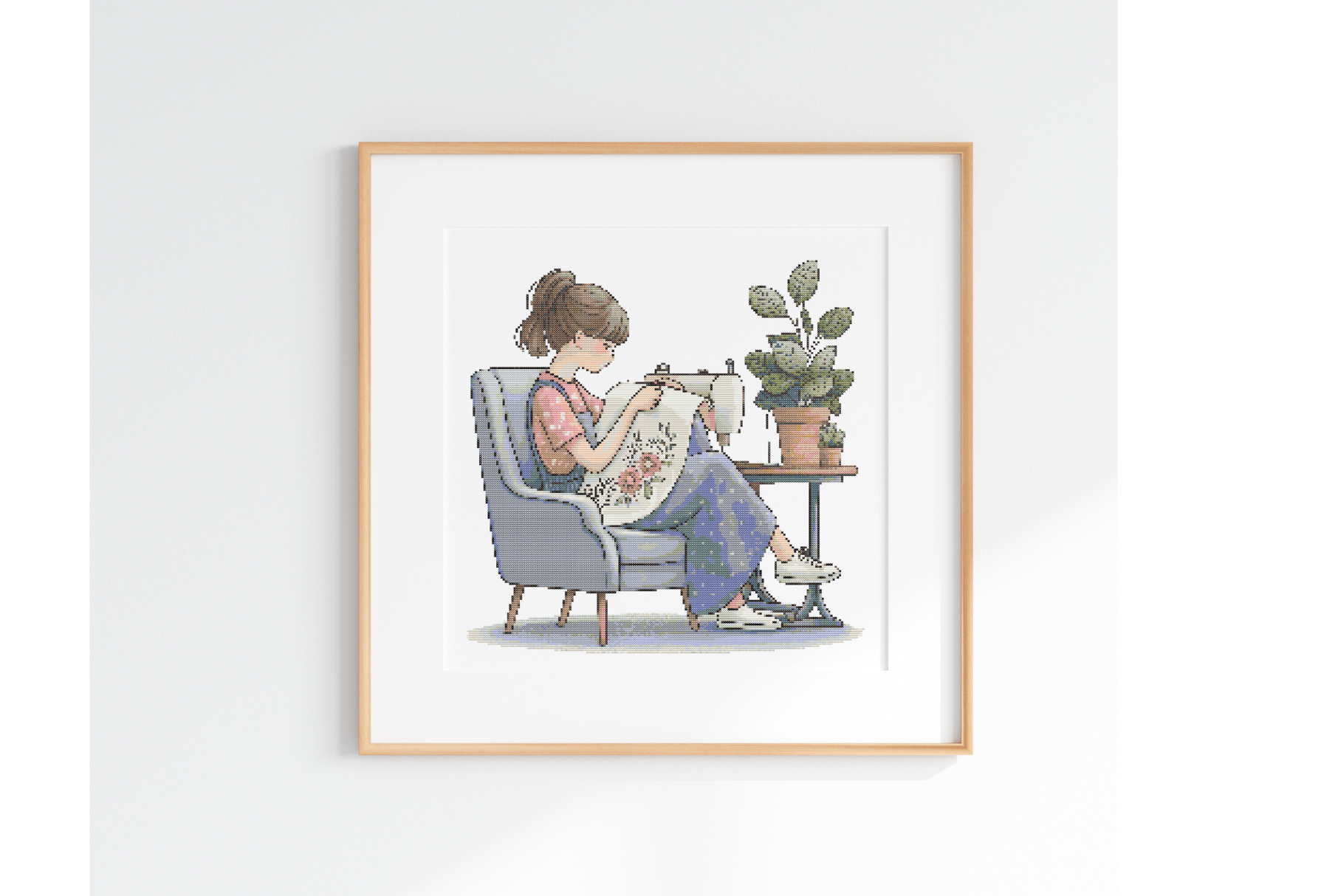 Cute Crafty Woman Sewing Cross Stitch