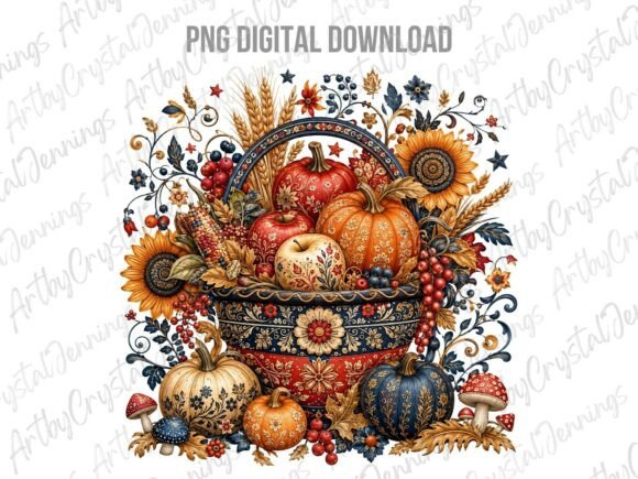 Folk Art Autumn Harvest Basket PNG