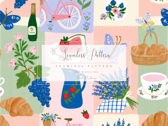 Lavender Picnic Seamless Pattern Digital Collage