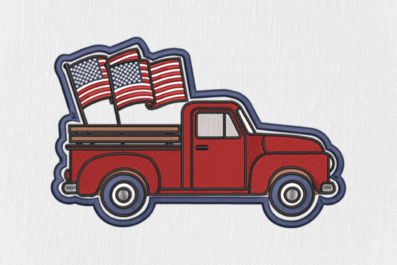 Red Truck with US Flags Embroidery