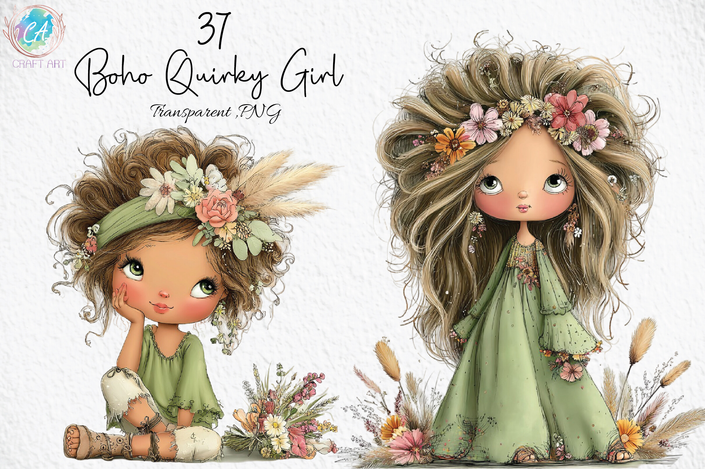 Whimsical Boho Quirky Girl Clipart Set Graphic by Craft Art · Creative ...