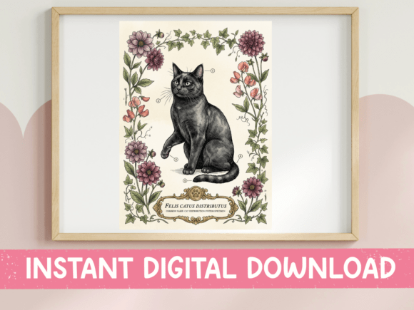 Black Cat Botanical Vintage Print Afbeelding T-shirt Designs Door October Second