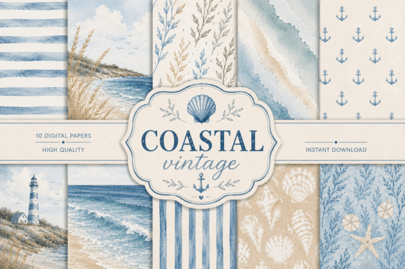 Preview of Coastal Vintage Digital Papers Bundle