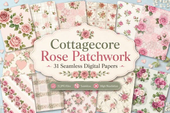 Cottagecore Rose Patchwork Digital Set