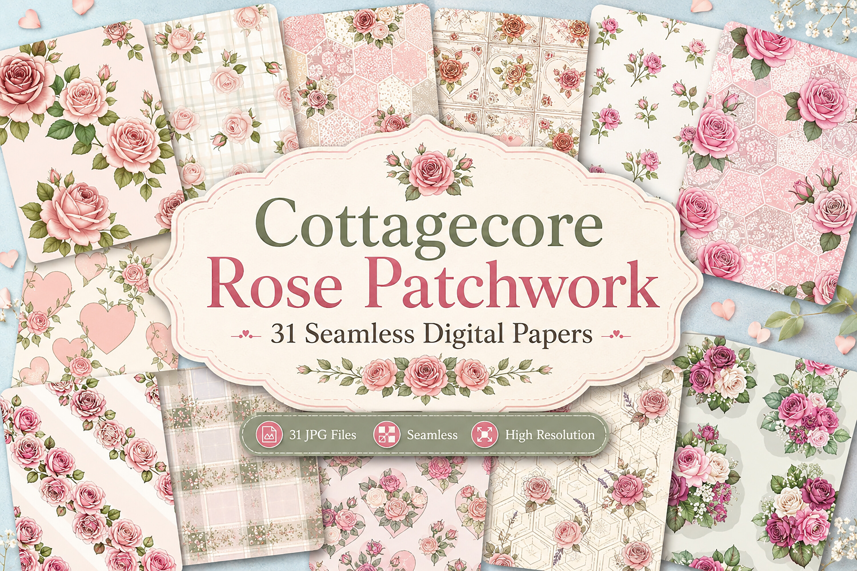 Cottagecore Rose Patchwork Digital Set
