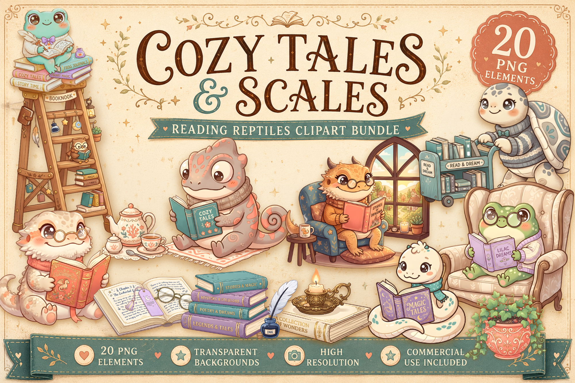 Cozy Reading Reptiles PNG Clipart Bundle Graphic by Whimsy & Wild ...