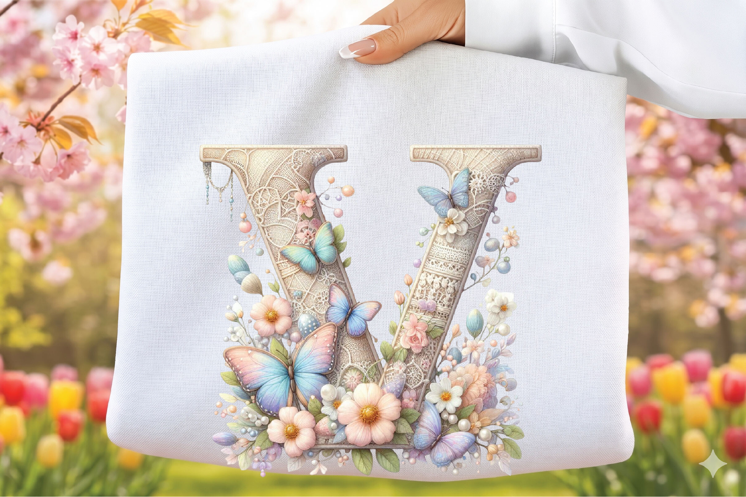 Easter Shabby Chic Floral Letter V PNG