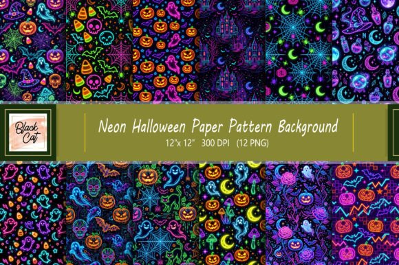 Neon Halloween Paper Pattern Background