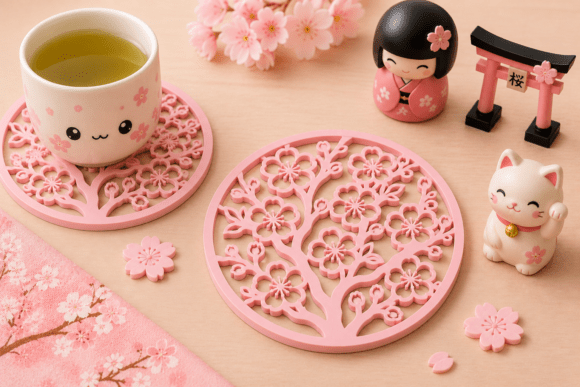 Sakura Coaster STL – Cherry Blossom 3D Print File for Tea & Kawaii Decor - Image 1