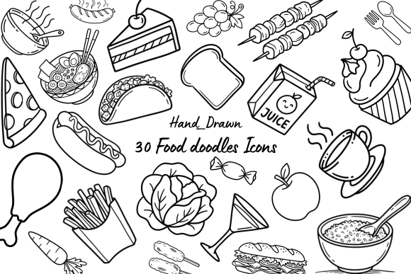 30 Hand-Drawn Food Doodle Icons