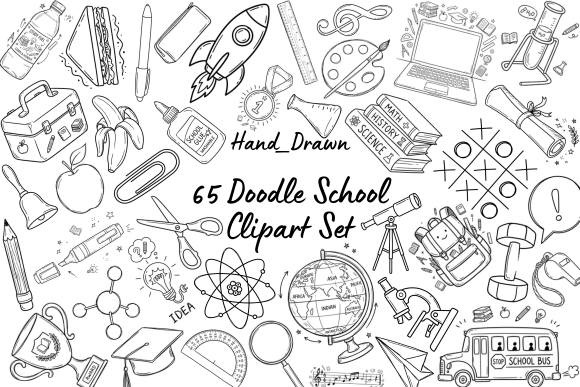 65 Back to School Doodle Clipart Set