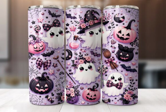 Cute Pink Halloween Tumbler Wraps PNG