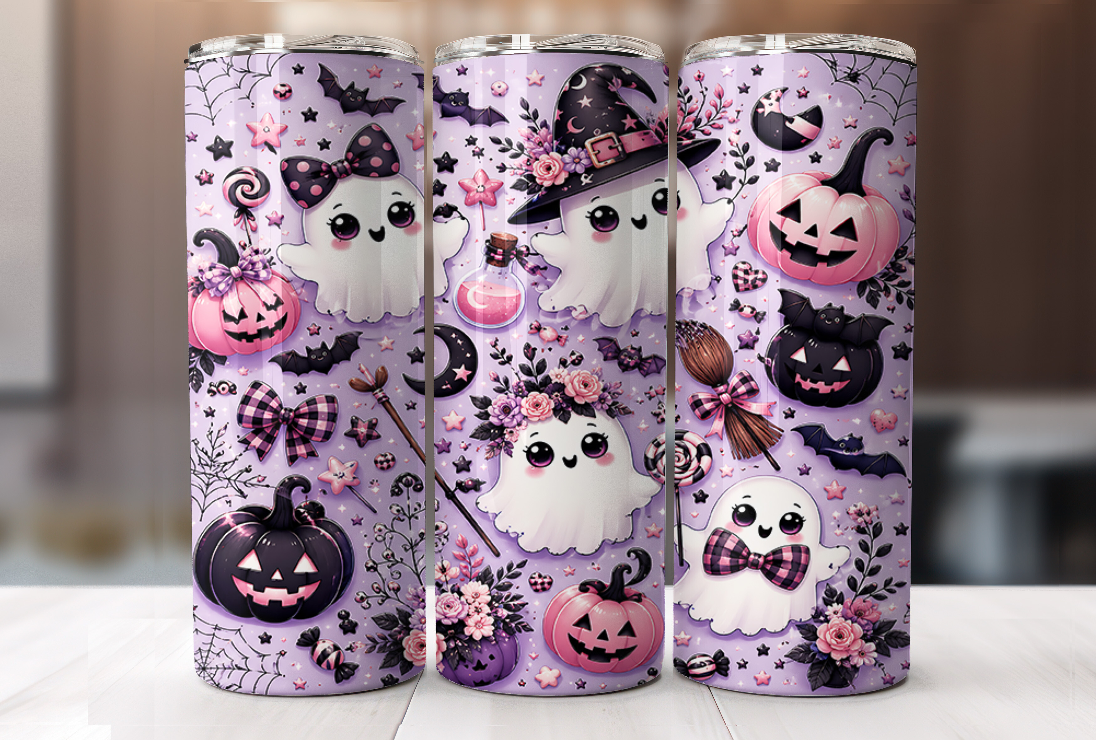 Cute Pink Halloween Tumbler Wraps PNG