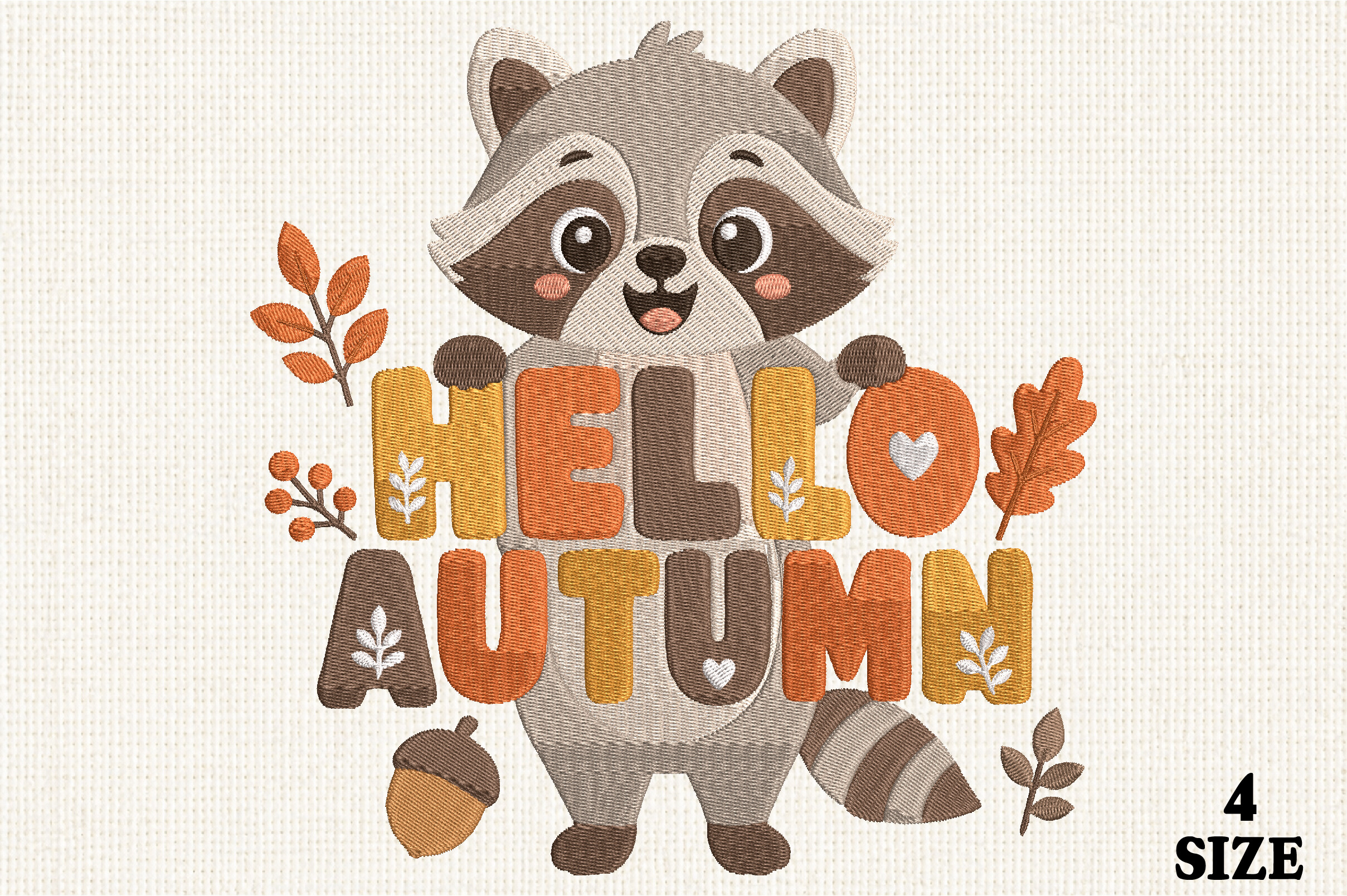 Cute Racoon Hello Autumn Embroidery · Creative Fabrica