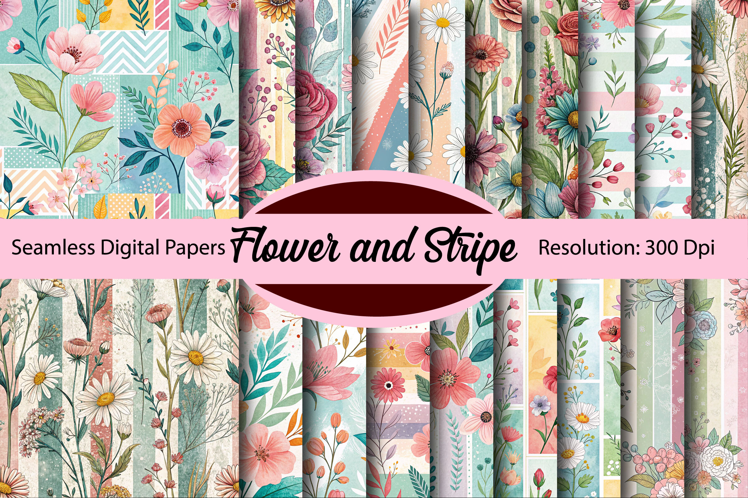 Pretty Paper Graphics Flower and Stripe Seamless Digital Paper Graphic by Colourful ...