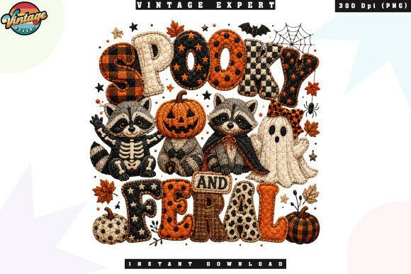 Ghost and Pumpkin Raccoon Patchwork PNG