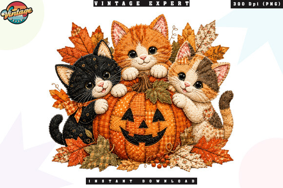 Halloween Kitten Pumpkin Patchwork PNG