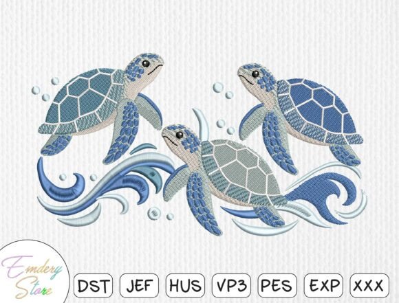 Sea Turtle Trio in Waves Embroidery File
