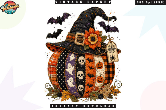 Spooky Patchwork Pumpkin Halloween PNG