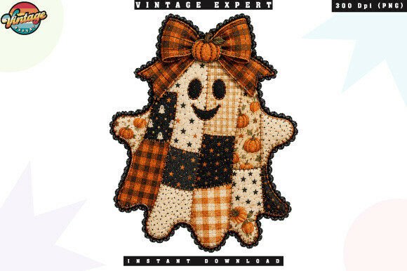 Vintage Patchwork Ghost Pumpkin PNG