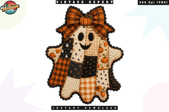 Vintage Patchwork Ghost Pumpkin PNG