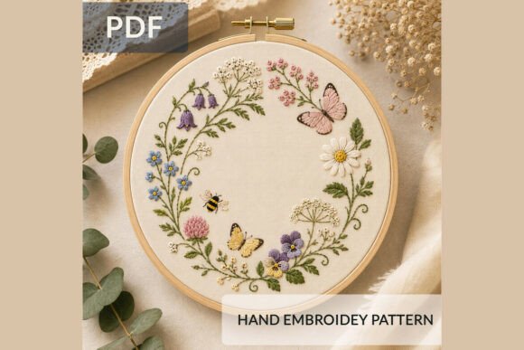 Wildflower Butterfly Wreath Embroidery