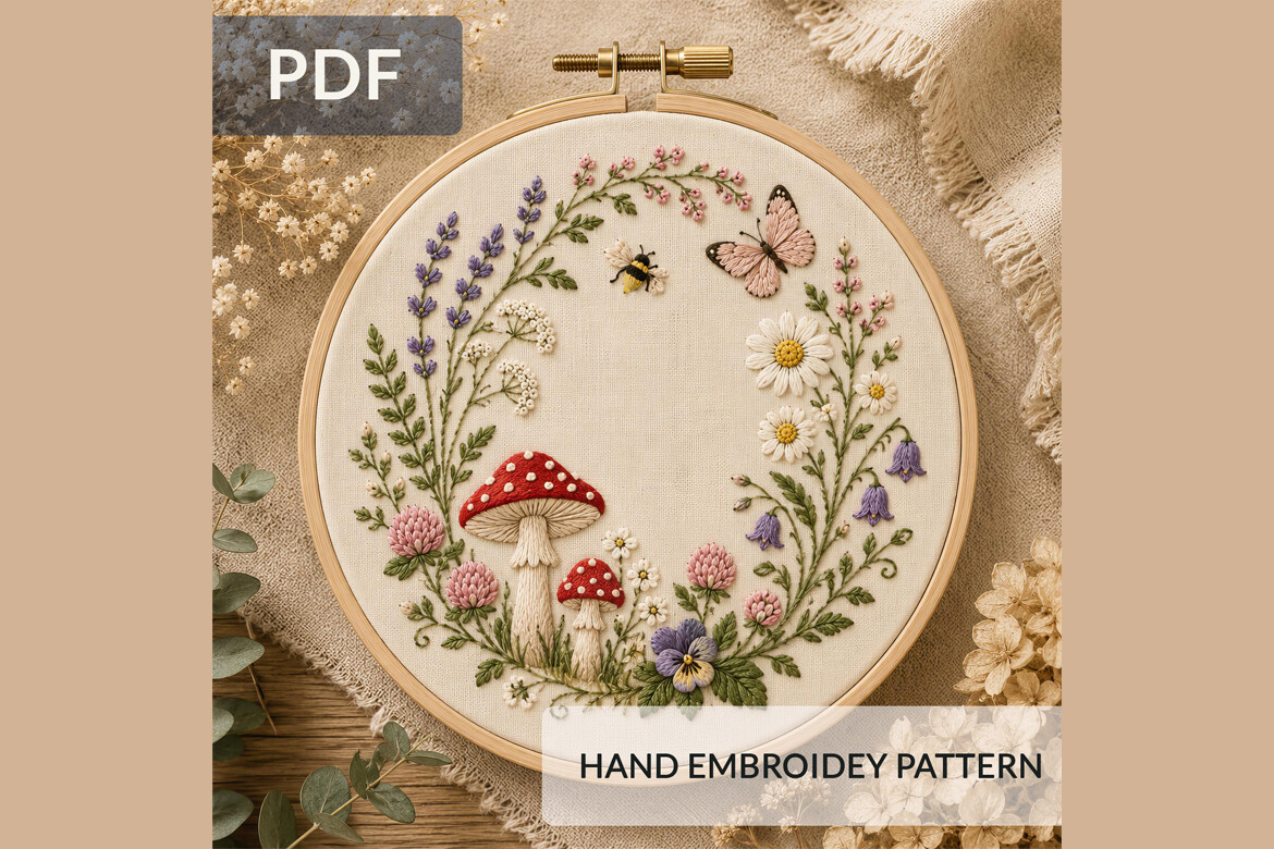 Woodland Mushroom Wreath Hand Embroidery