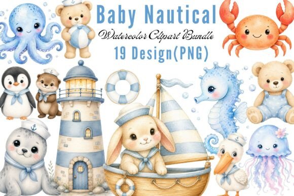 Baby Nautical Watercolor Clipart Bundle Gráfico Ilustraciones Imprimibles Por Ak Artwork
