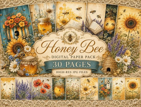 Honey Bee Watercolor Digital Paper