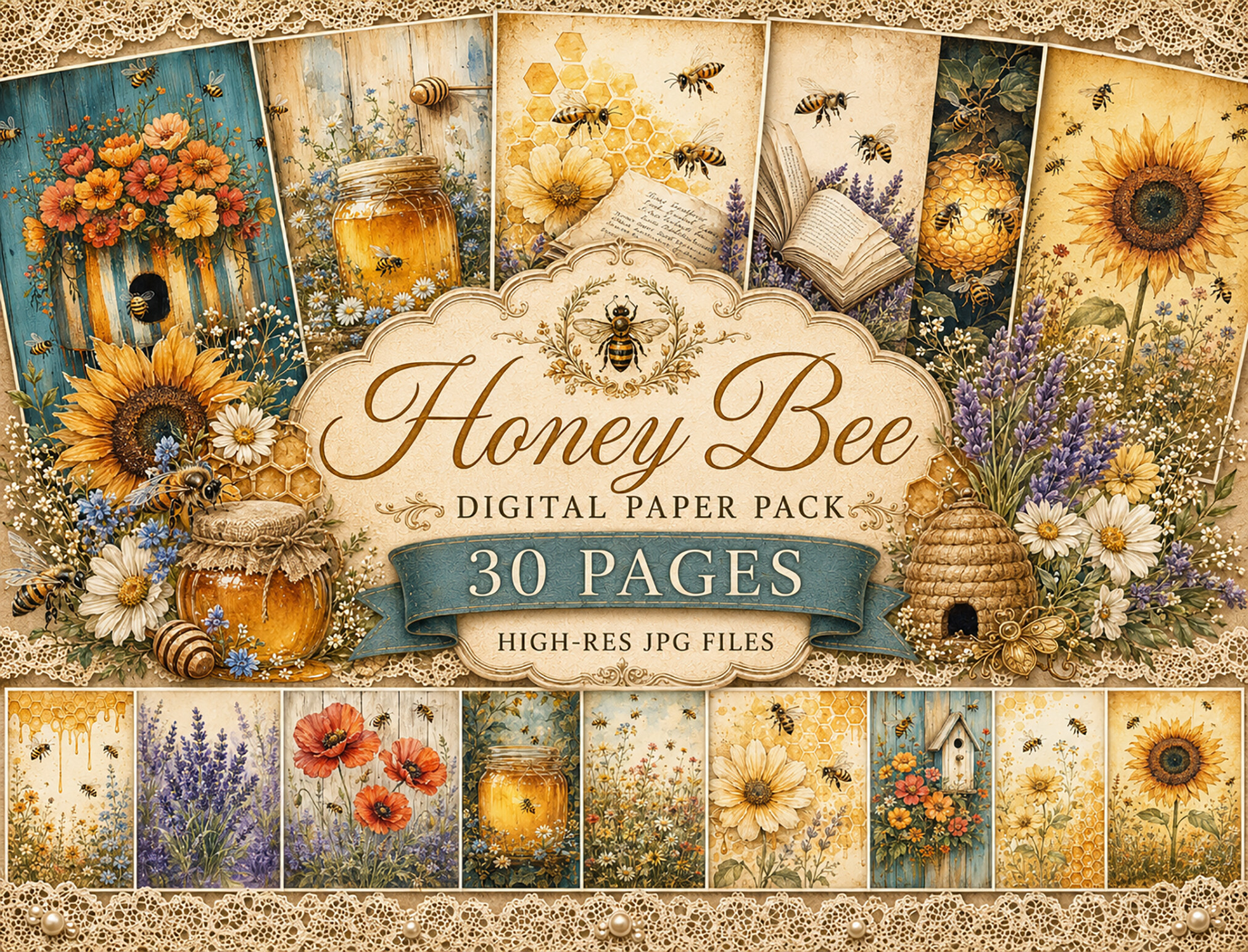 Honey Bee Watercolor Digital Paper