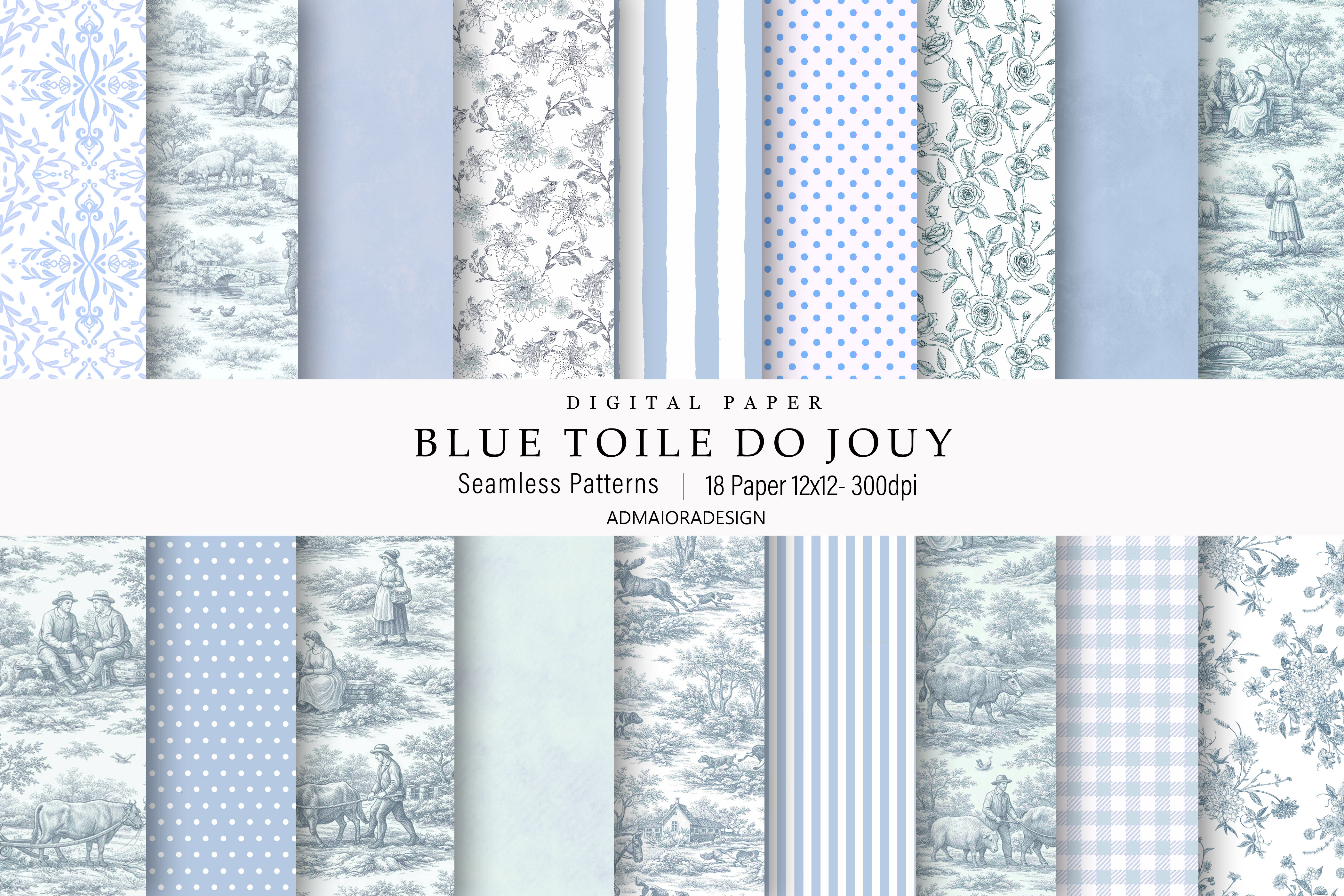 Toile De Jouy Digital Paper Blue