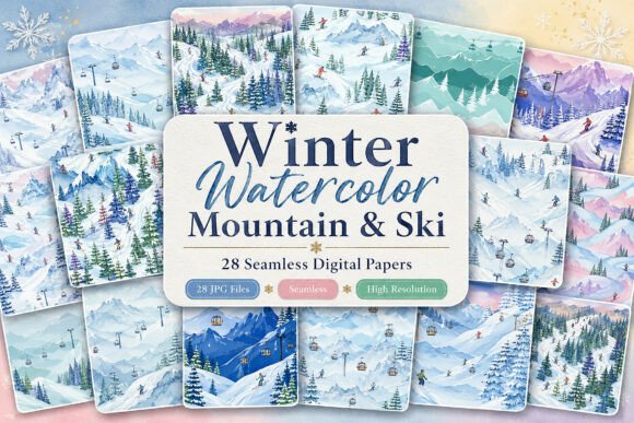 Winter Watercolor Mountain Ski Paper