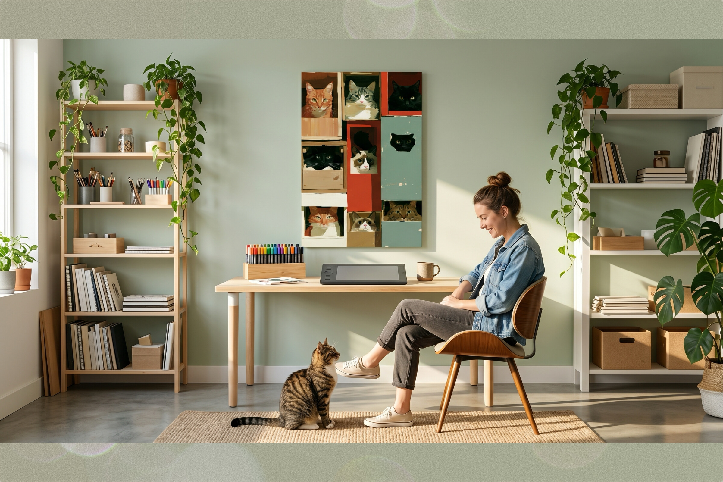Curious Cats in Shelves Whimsical Wall
