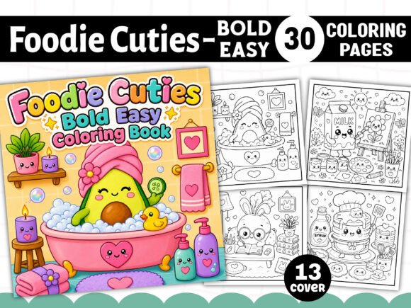 Preview of Foodie Cuties Bold Easy Coloring Book adult coloring pages