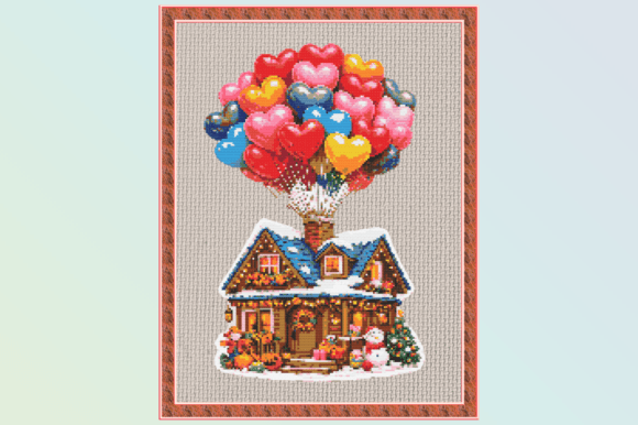 Heart Balloon Cottage Cross Stitch Patte